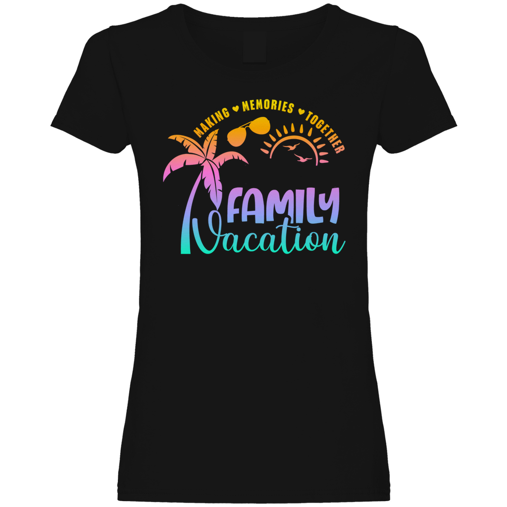 Damen Promo T-Shirt Family Vacation A1- Rundhalsausschnitt gerippt mit gleichfarbigem Nackenband - Feminine Passform mit Seitennähten - Höhere Maschendichte für bessere Bedruckbarkeit