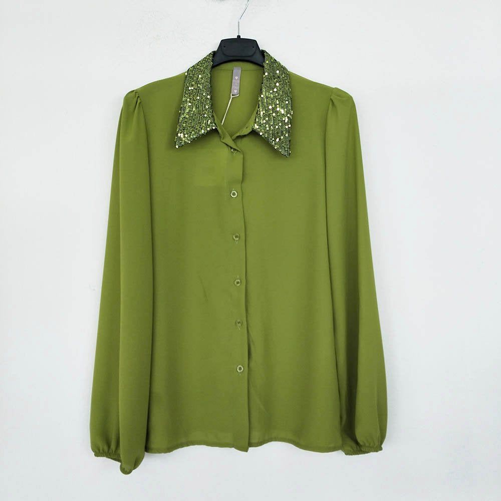 Blusa Lentejuelas | 2 modelos | Pailletten Damen BluseBlusa con lentejuelas Camisa clásica o con cuello Mao y detalle de lentejuelas en los puños o en el cuello. La camisa cruzada, lleva goma en la cinturilla, en la parte trasera, para un ajuste y comodid