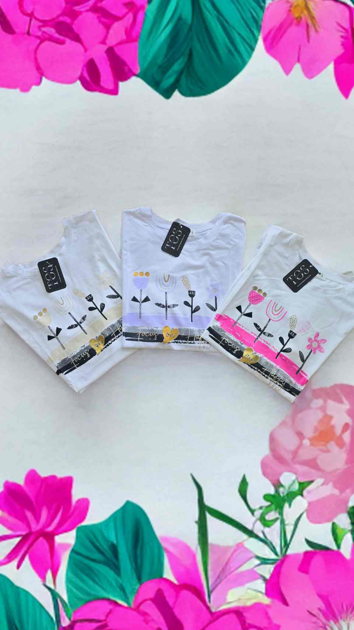 Camiseta algodón mujer - Focus On Happy | Varios ColoresCamiseta algodón estampada frase Buscas sentirte cómoda y bella al mismo tiempo? Con nuestra camiseta de algodón estampada, podrás seguir activa con los quehaceres diarios a la vez que confortable, y