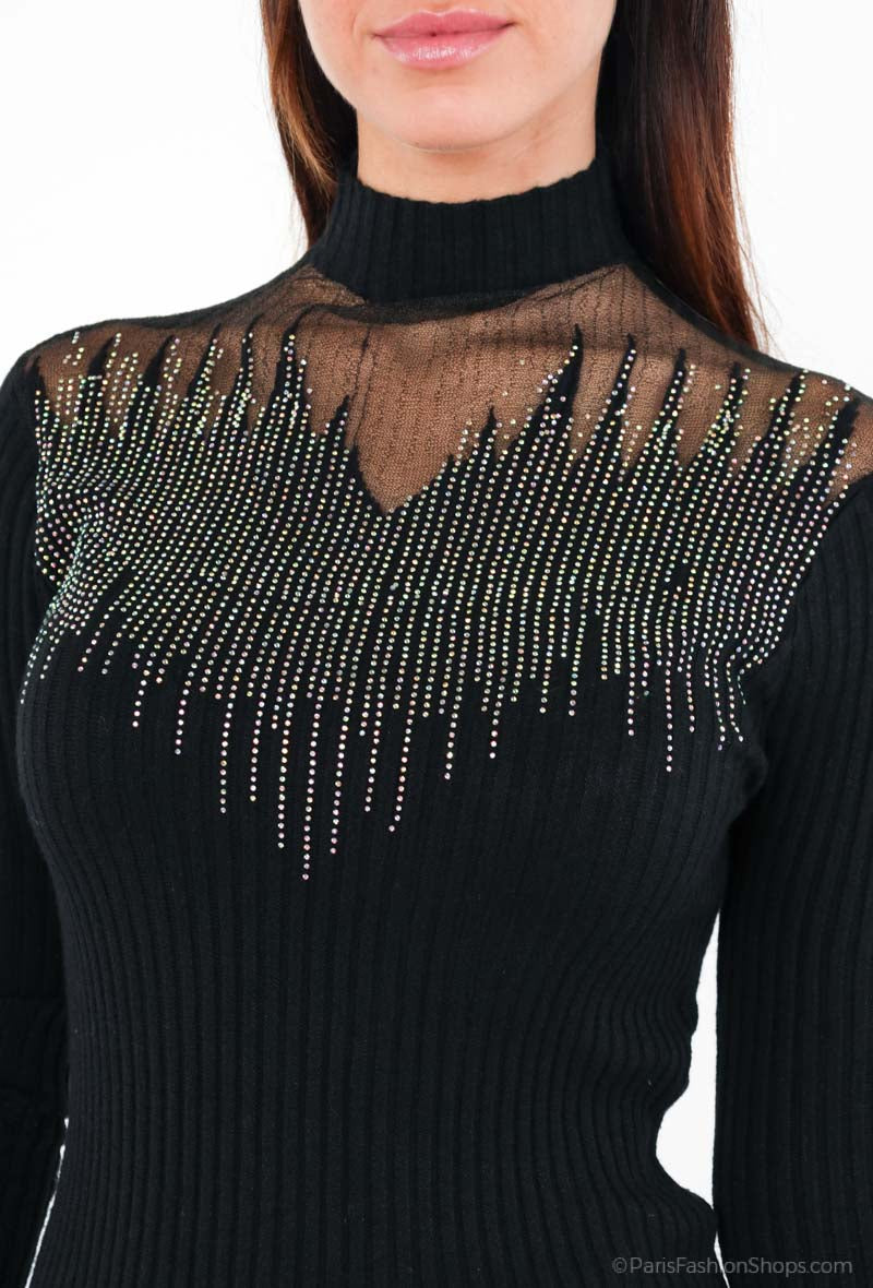 Jersey Transparencias Glamourös | Pullover¡Reluce con elegancia esta temporada con nuestro Jersey Transparencias Glamouros! Sofisticado, con delicados brillantes y encantadora transparencia en el escote, brilla esta temporada . Destaca con glamour gracias