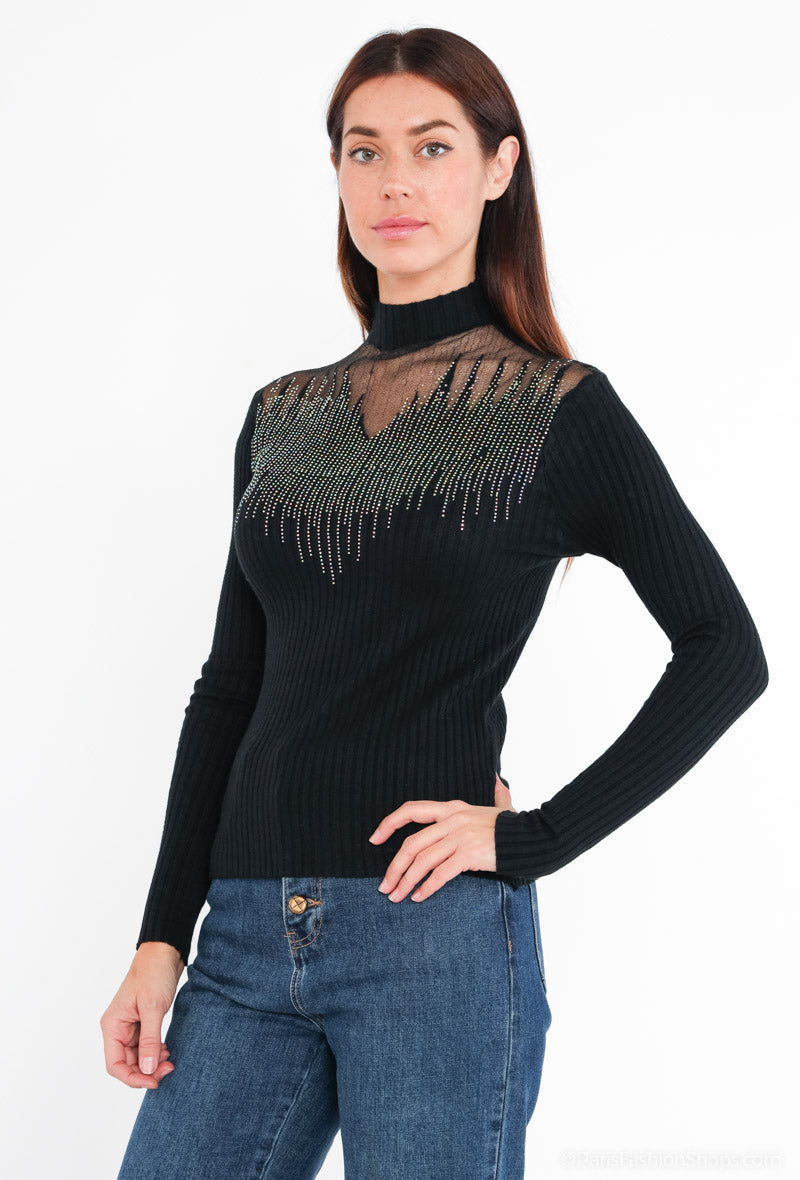 Jersey Transparencias Glamourös | Pullover¡Reluce con elegancia esta temporada con nuestro Jersey Transparencias Glamouros! Sofisticado, con delicados brillantes y encantadora transparencia en el escote, brilla esta temporada . Destaca con glamour gracias