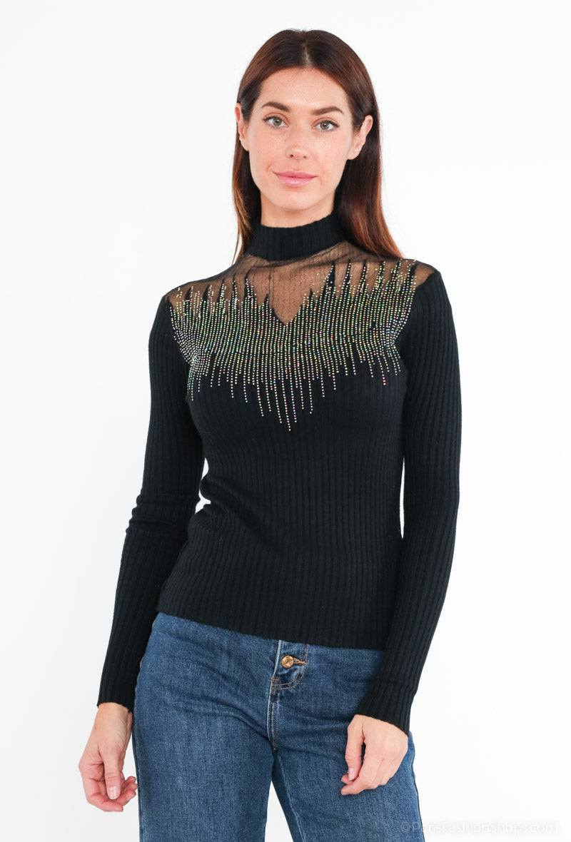 Jersey Transparencias Glamourös | Pullover¡Reluce con elegancia esta temporada con nuestro Jersey Transparencias Glamouros! Sofisticado, con delicados brillantes y encantadora transparencia en el escote, brilla esta temporada . Destaca con glamour gracias