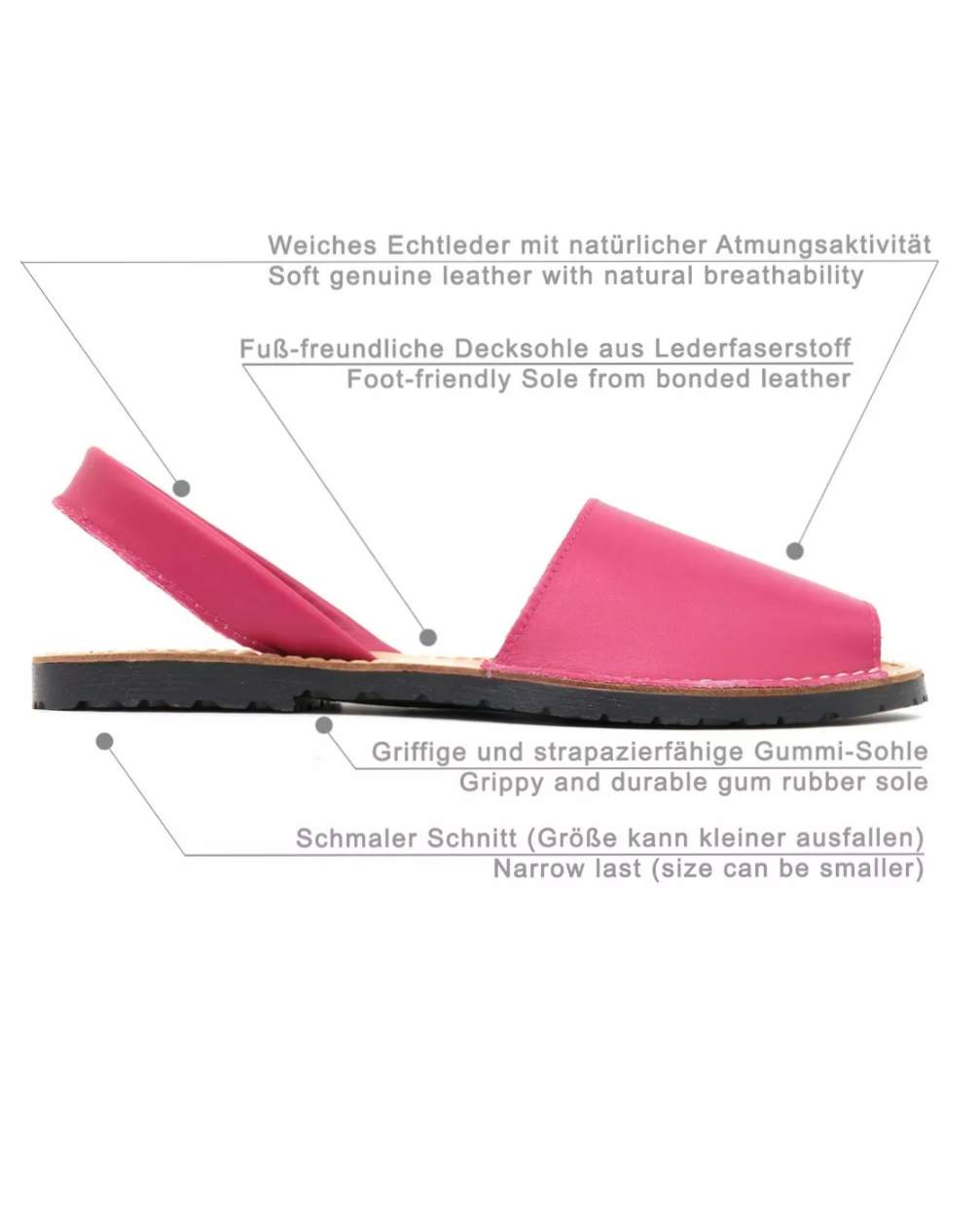 Menorquinas Fucsia Piel - Hechas en EspañaMenorquinas, abarcas, ibicencas, mallorquinas... Como quiera que las llames, estas sandalias son el punto de partida de cada look veraniego. Fabricadas en España con cuero genuino y suela antideslizante. Practicas