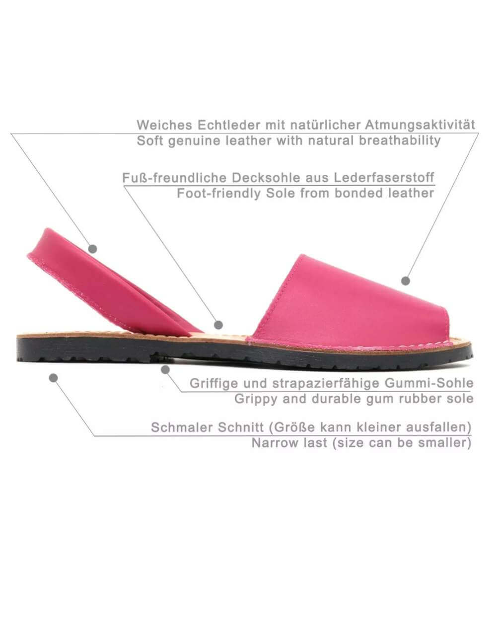 Menorquinas Fucsia Piel - Hechas en EspañaMenorquinas, abarcas, ibicencas, mallorquinas... Como quiera que las llames, estas sandalias son el punto de partida de cada look veraniego. Fabricadas en España con cuero genuino y suela antideslizante. Practicas