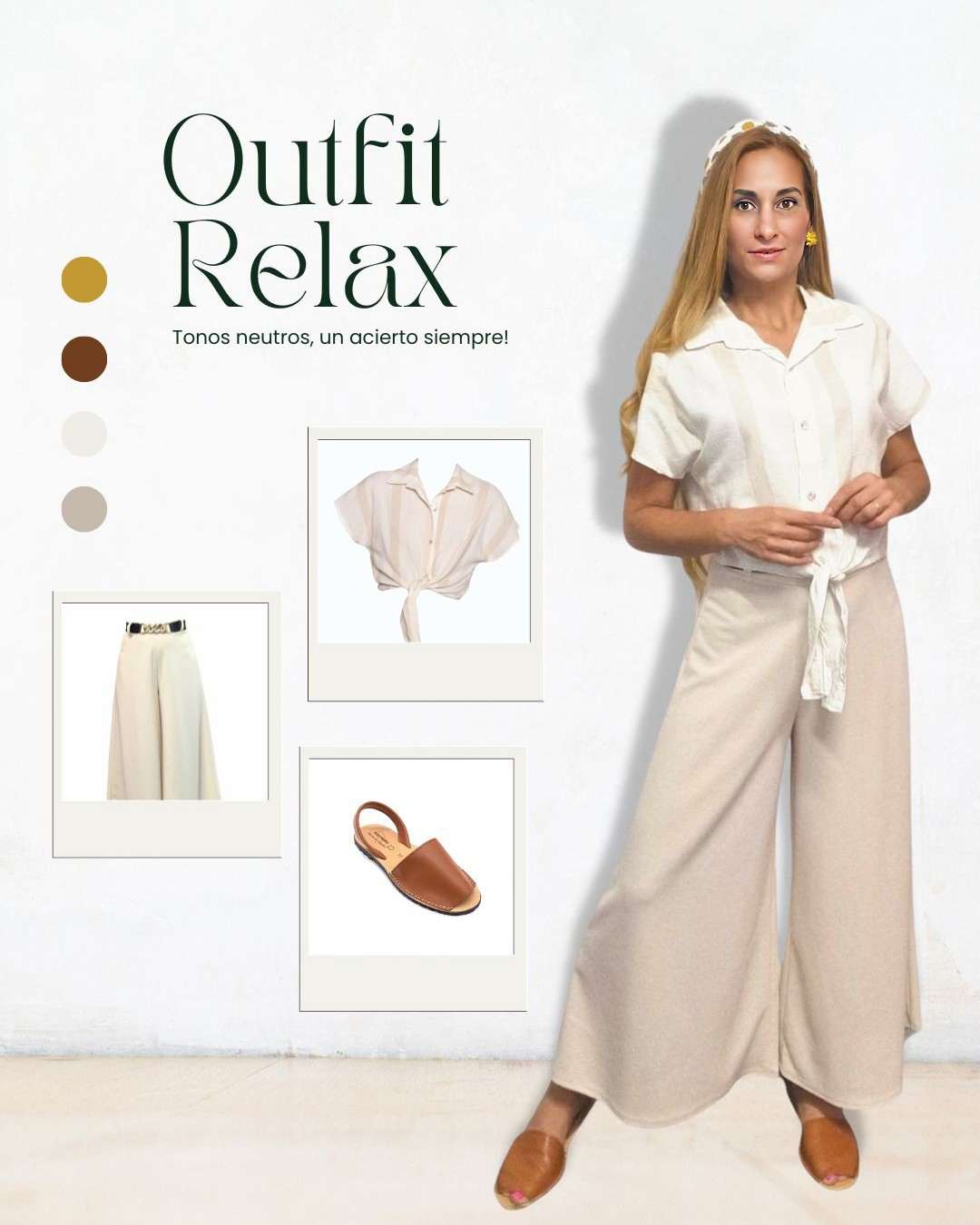 Relax inspo outfit . Palazzo beige hose . Bluse line creme. Menorquinas Abarcas made in spain . Sommer sandalen menorquina