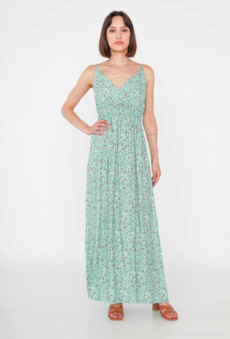 Vestido Glorie Verde 4 coloresVestido Largo Cruzado Glorie El Vestido Glorie Amarillo es una prenda elegante y versátil con un escote cruzado y un estampado de pequeñas flores que lo hacen único. Sus tirantes regulables ofrecen un ajuste perfecto y cómodo