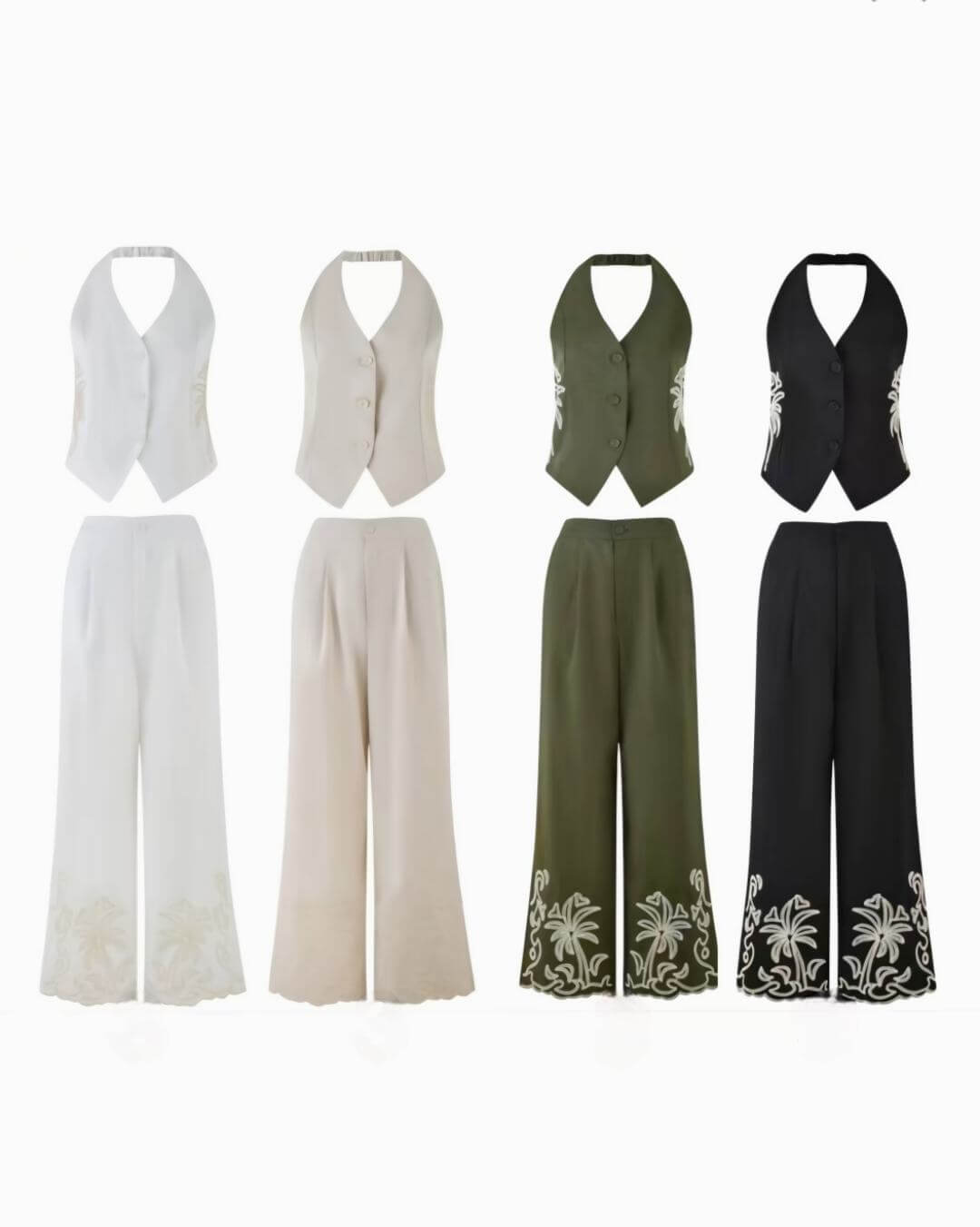 Set Palma Chaleco Y Pantalón¡Luce la tendencia de esta temporada con nuestro set Palma ! El chaleco con bordados de palmeras y sujeción al cuello te dará un look único, mientras que el pantalón estilo traje con bordados en el bajo y cierre de botón con cr