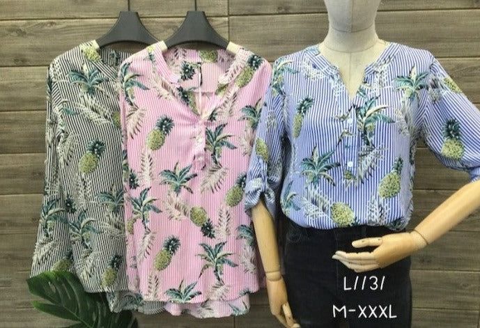 Blusa Ananas 🍍 M- 3XL Damen Blusen AnanasBlusa de mujer estampado tropical Ideal para que en todas las temporadas aportes un toque tropical a tu look. De corte amplio, te sentirás muy cómoda con su uso diario y aportaras mucho estilo a tu outfit. Caracte