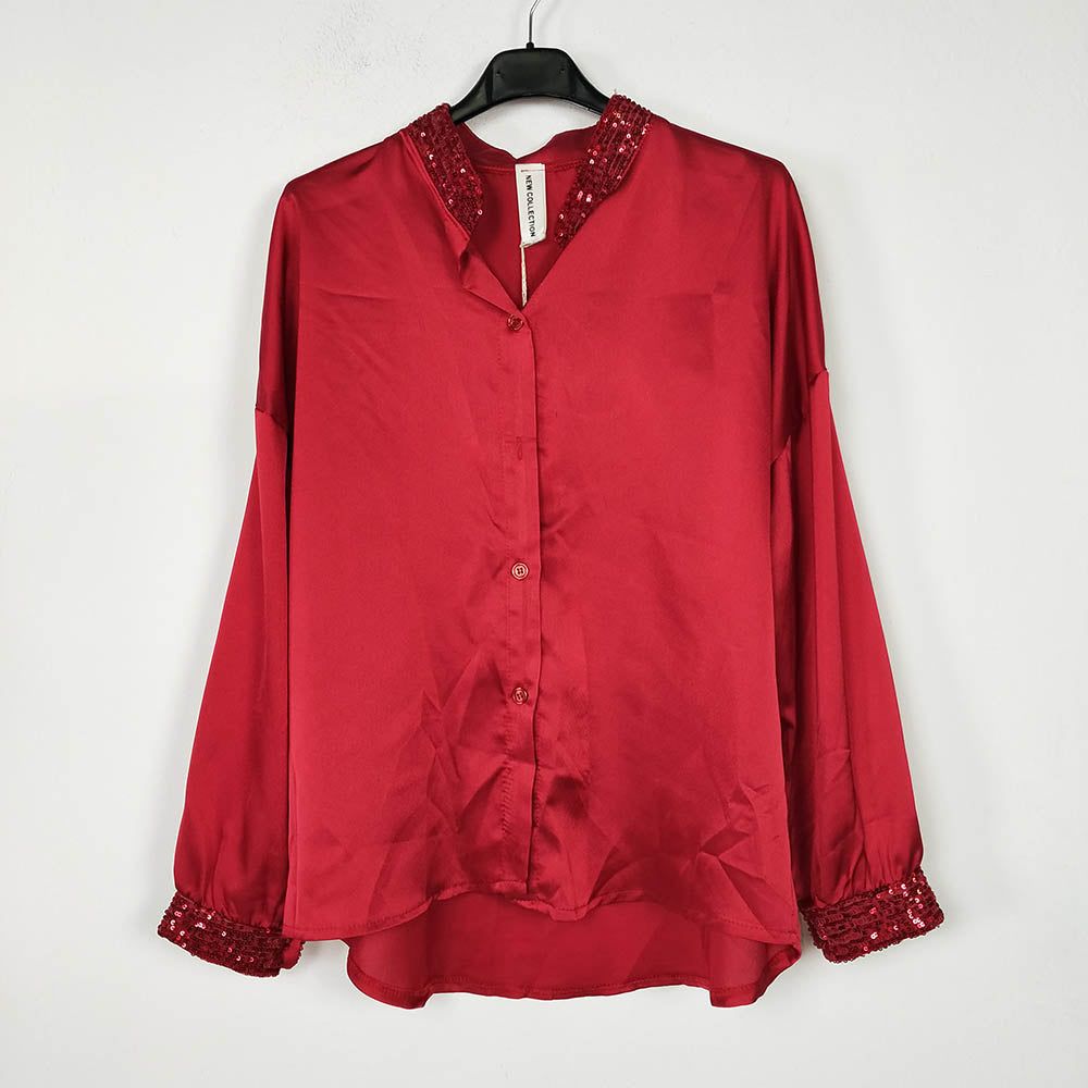 Blusa Lentejuelas | 2 modelos | Pailletten Damen BluseBlusa con lentejuelas Camisa clásica o con cuello Mao y detalle de lentejuelas en los puños o en el cuello. La camisa cruzada, lleva goma en la cinturilla, en la parte trasera, para un ajuste y comodid