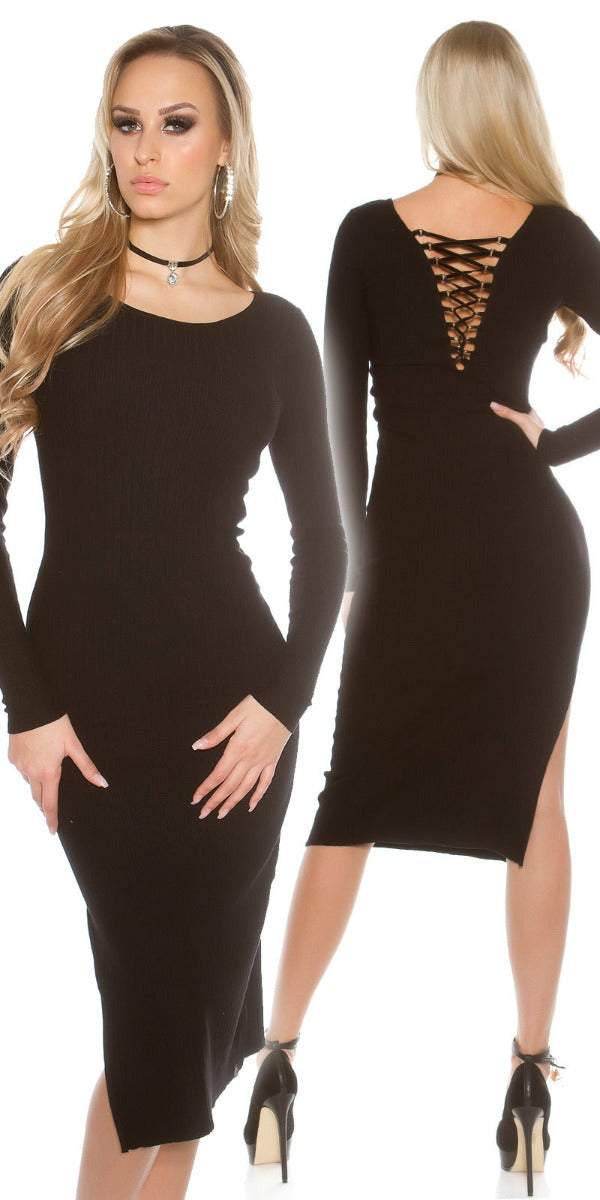 Vestido Midi Punto Espalda Sexy | Midi StrickkleidVestido de punto con escote sexy en la espalda. Vestido de punto clásico con escote de tiras aterciopeladas en la espalda . Tejido de punto elástico. Abertura lateral Talla unica valida desde 36-40 (S/L)Ma