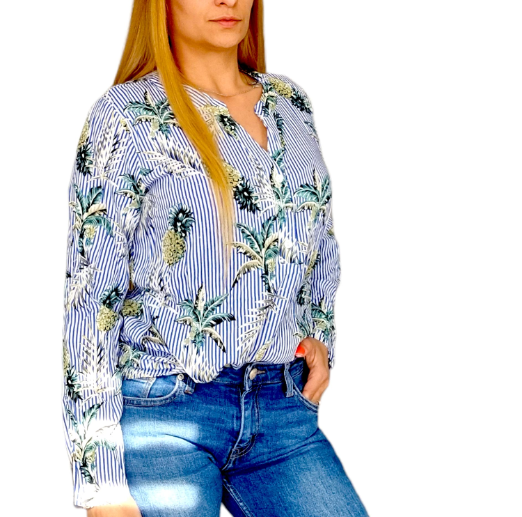 Blusa Ananas 🍍 M- 3XL Damen Blusen AnanasBlusa de mujer estampado tropical Ideal para que en todas las temporadas aportes un toque tropical a tu look. De corte amplio, te sentirás muy cómoda con su uso diario y aportaras mucho estilo a tu outfit. Caracte