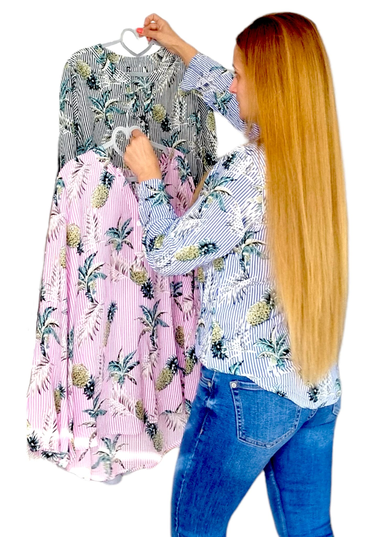 Blusa Ananas 🍍 M- 3XL Damen Blusen AnanasBlusa de mujer estampado tropical Ideal para que en todas las temporadas aportes un toque tropical a tu look. De corte amplio, te sentirás muy cómoda con su uso diario y aportaras mucho estilo a tu outfit. Caracte