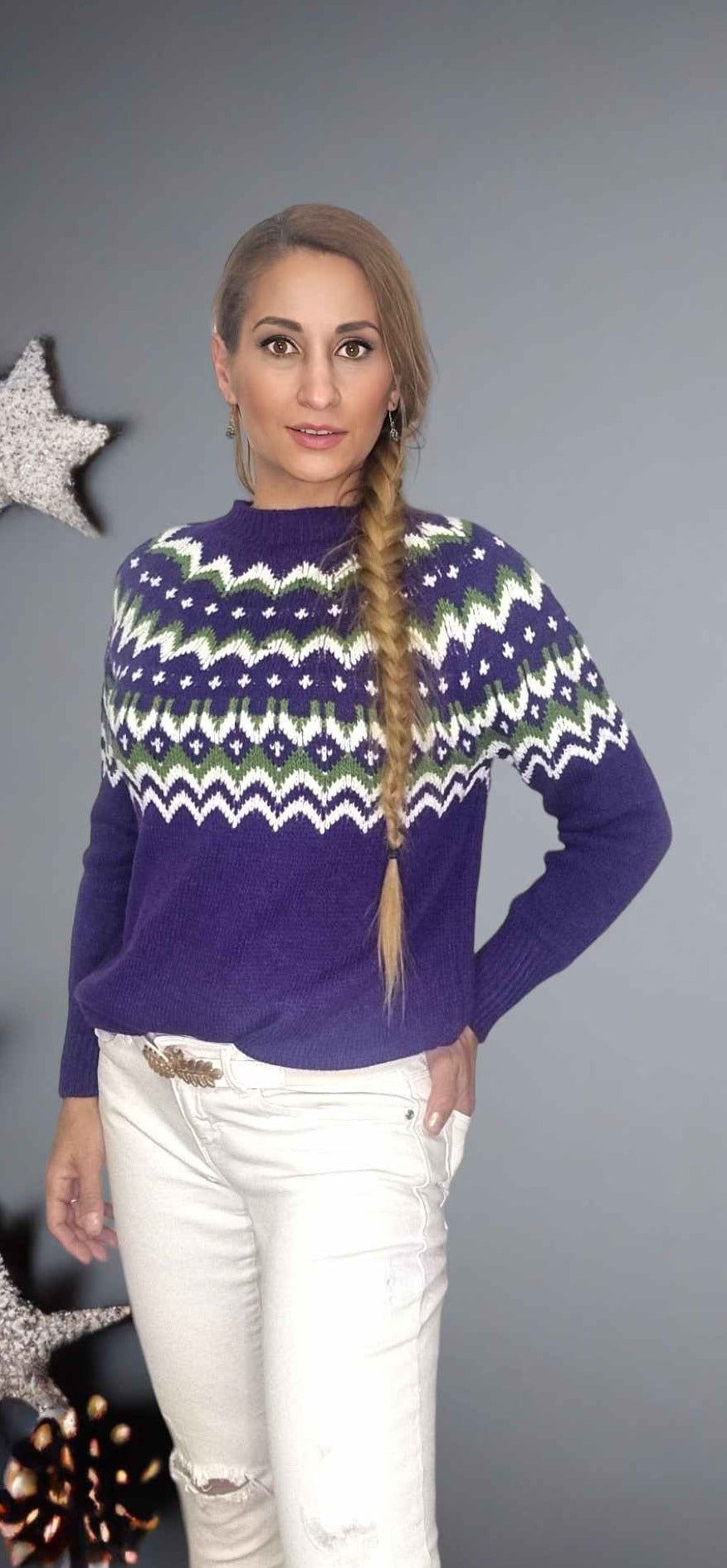Jersey Nórdico 3 Colores | Winter Pullover NorwegermusterJersey estampado nórdico| Winterpullover Damen Norwegermuster Jersey con cenefa de estampado nórdico, puños ajustados acanalados y cuello redondeado. Textura suave y cómoda. No pica Talla unica S/L