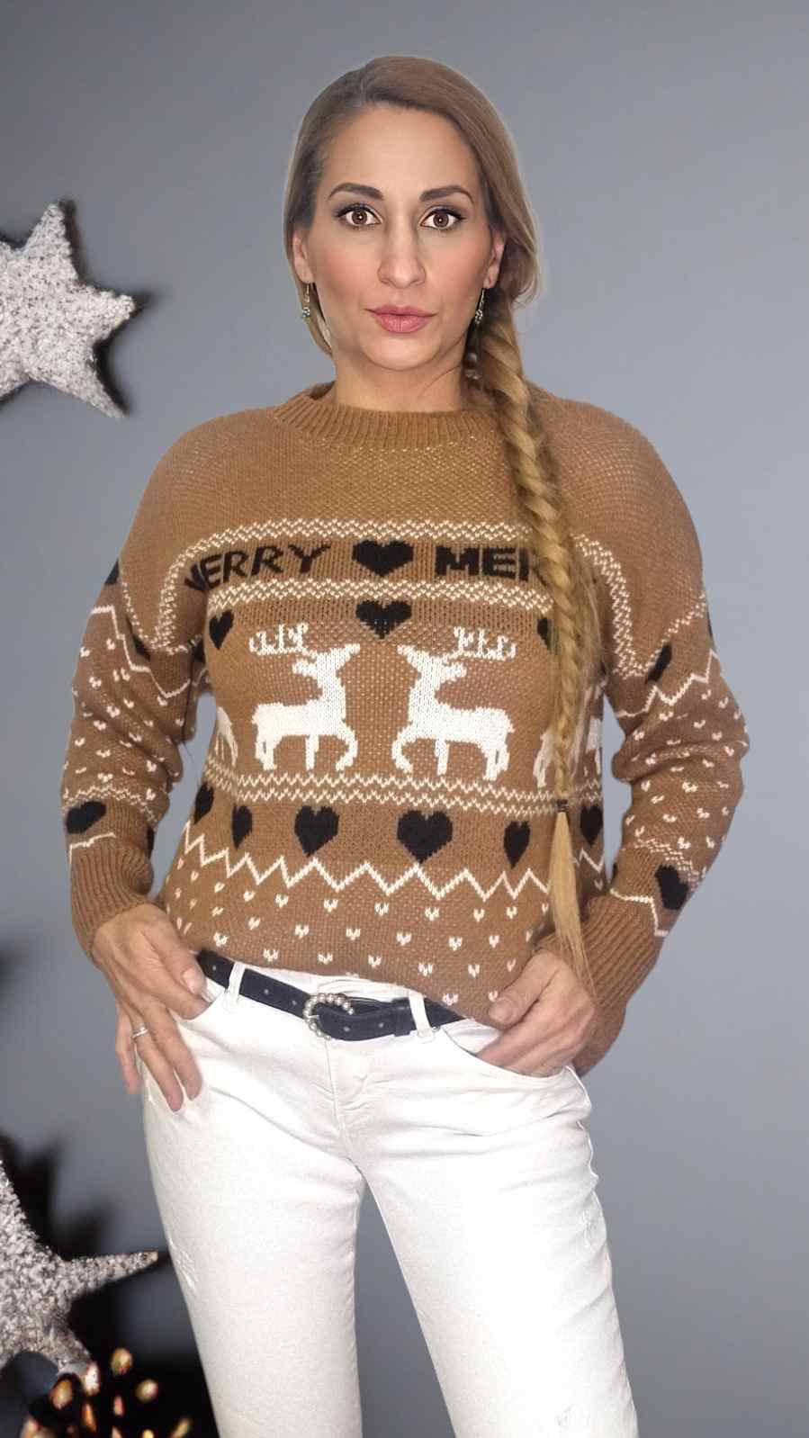Damen weihnachtspulli - winterpullover braun weiss . The original shop